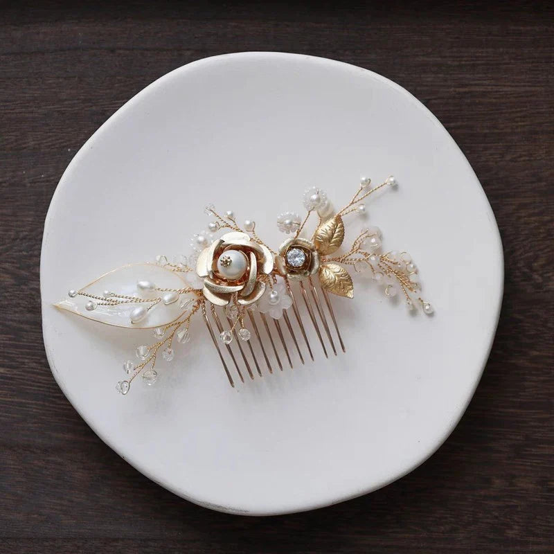 Wedding Accessories Flower Leaf Hair Comb Clip Pin Pearl Crystal Hairpin For Brides Women Gold Color Head Piece Bridal Jewelry a
