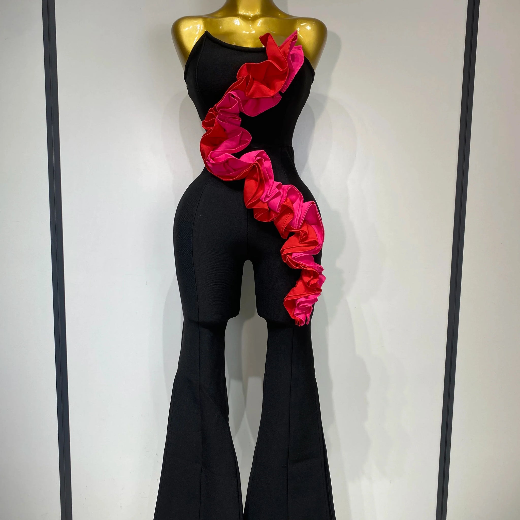 Sexy Strapless Ruffle Black Bodycom Bandage Jumpsuit Fashion High Street Woman Evening Party Elegant Luxury Birthday Rompers black