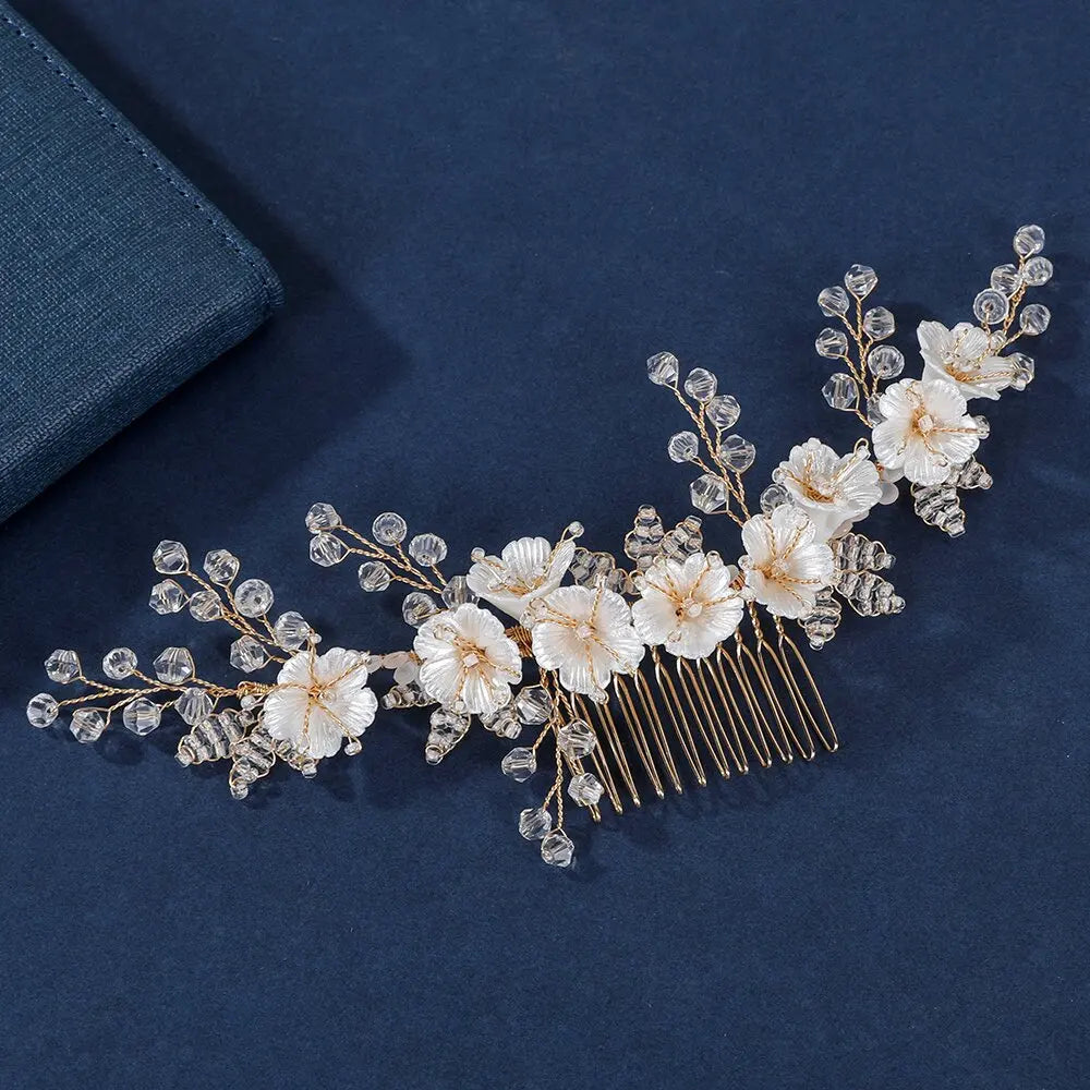 Wedding Hair Accessories Porcelain Flower Headband Hairband For Brides Handmade Gold Color Headpiece Headdress Bridal Jewelry b
