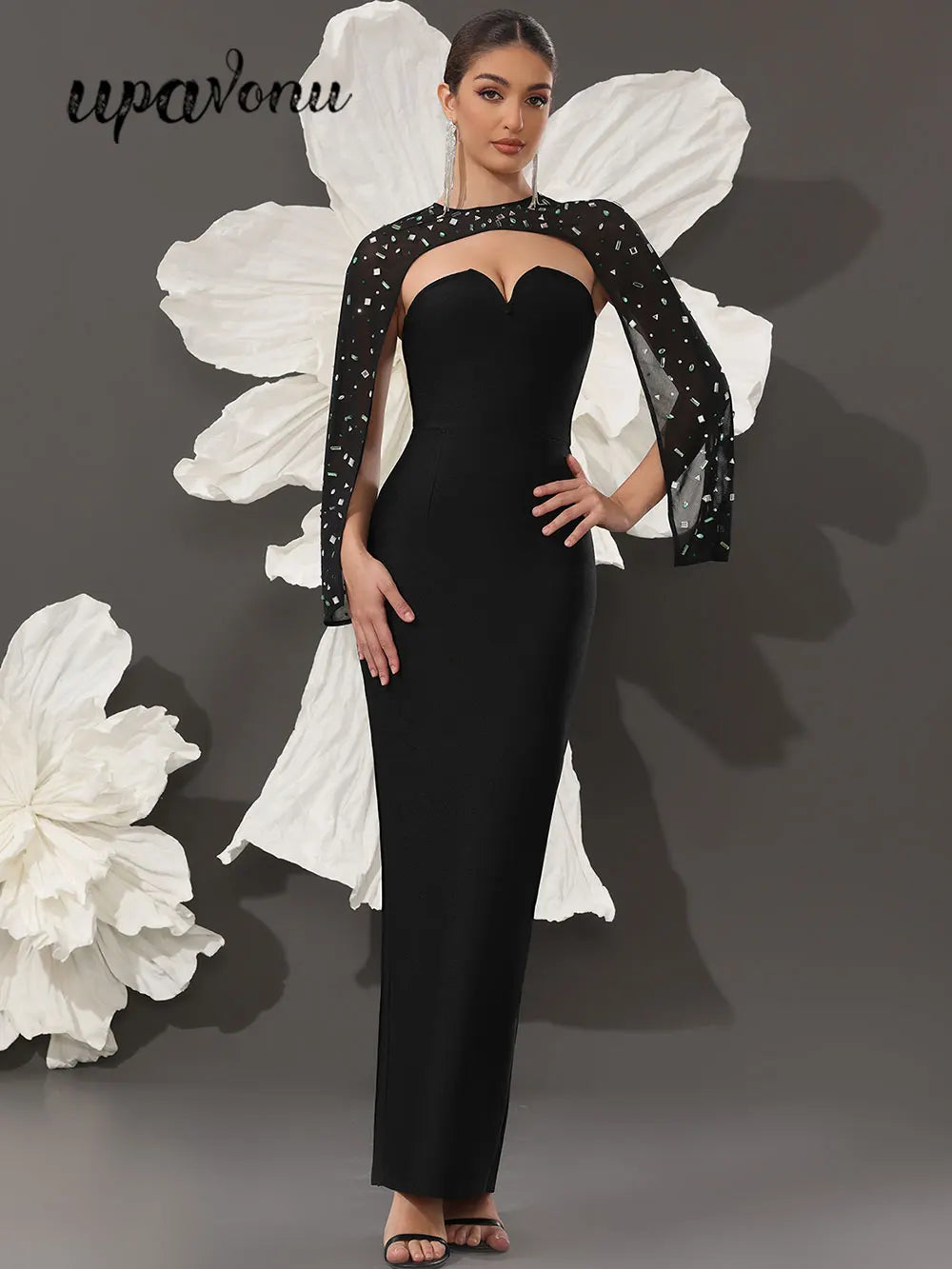 Sexy Women's Light Luxury Nail Bead Shawl+Strapless Sleeveless Bandage Dress Set Fashion Bodycon Long Dress Party Vestidos
