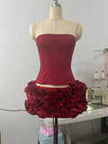 2024 Sexy Women'S Floral Mini Skirt Set Strapless Sleeveless Fishbone Backless Drawstring Vest+Mini Skirt Two-Piece Set Claret