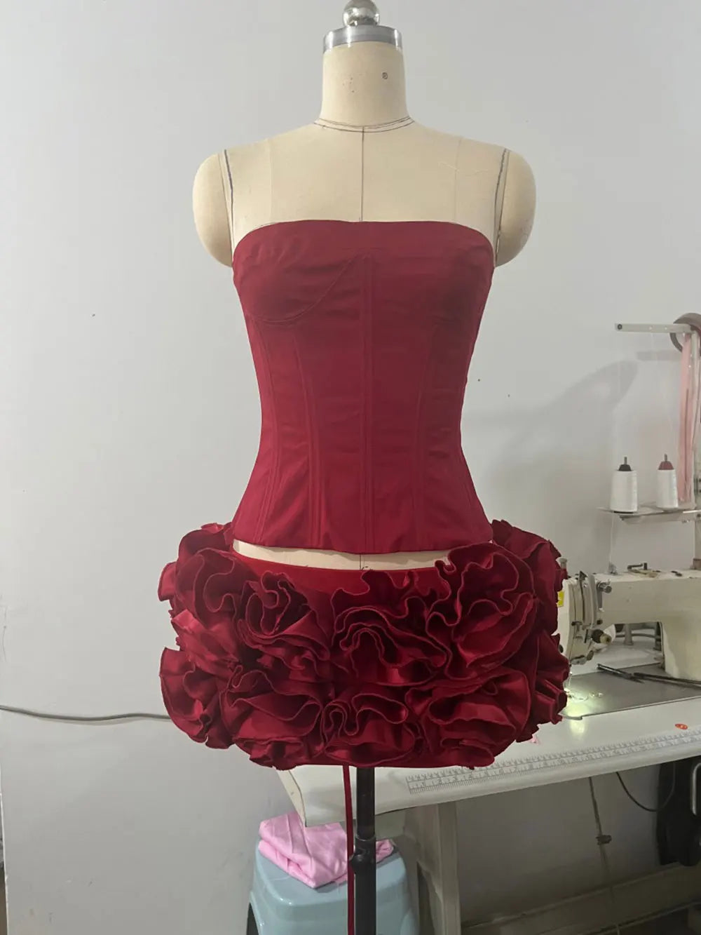 2024 Sexy Women'S Floral Mini Skirt Set Strapless Sleeveless Fishbone Backless Drawstring Vest+Mini Skirt Two-Piece Set Claret