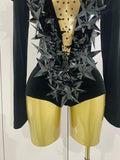 Shiny Black Rhinestone Velvet Long Sleeve Bodysuit Women Evening Party Club Gala Hosts NightClub Bar Stage Costumes