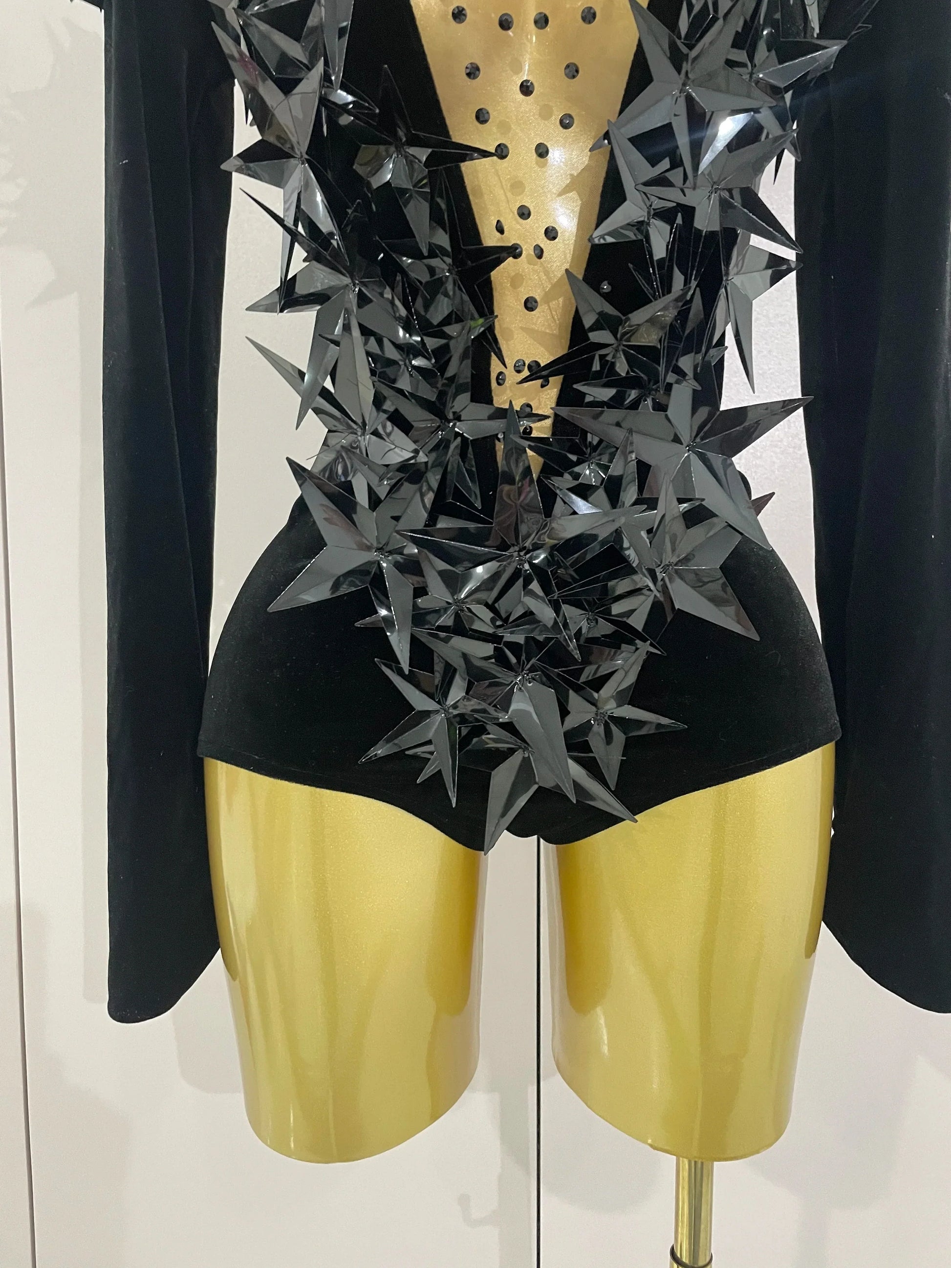 Shiny Black Rhinestone Velvet Long Sleeve Bodysuit Women Evening Party Club Gala Hosts NightClub Bar Stage Costumes