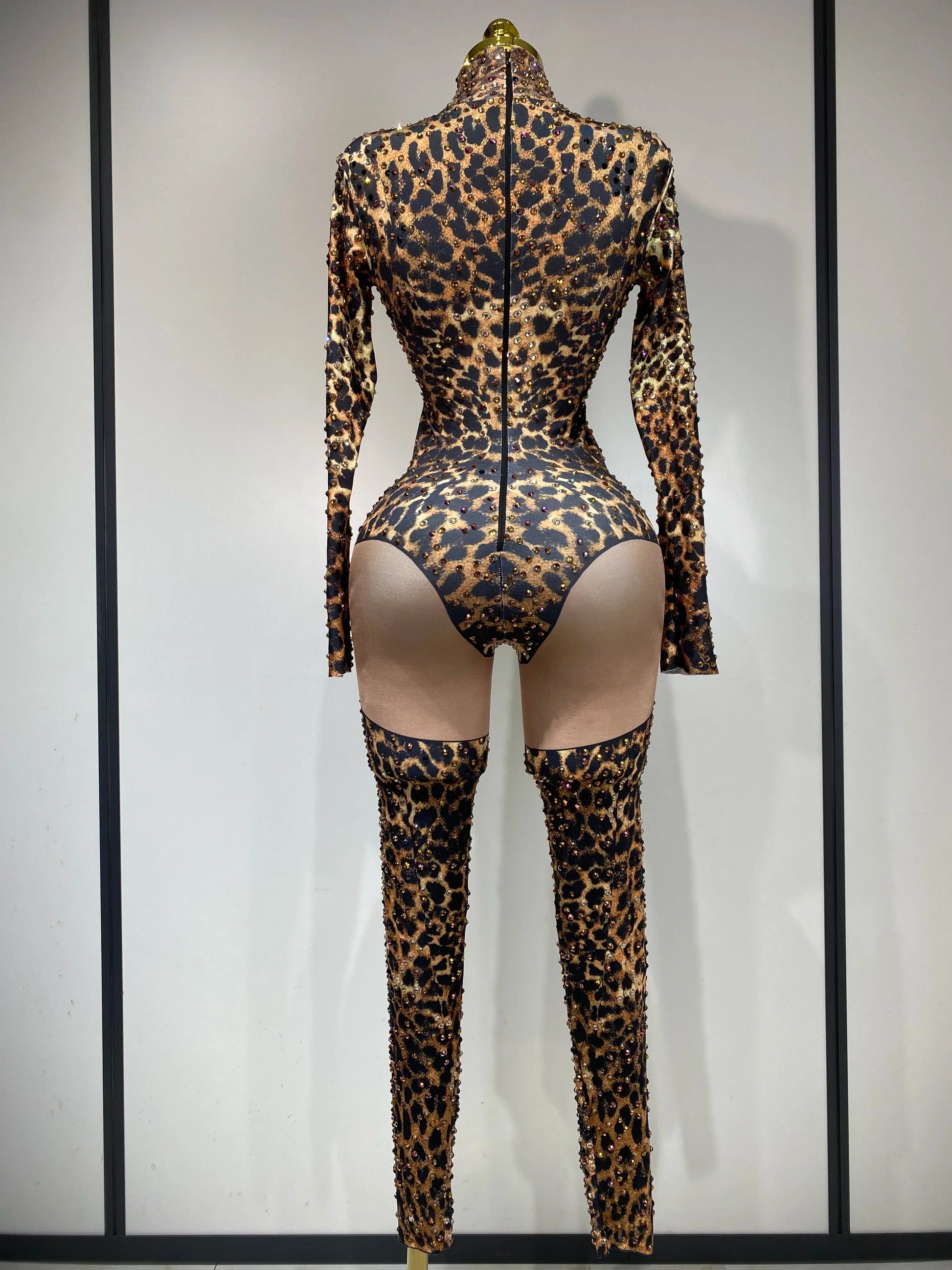 Women Stretch Leopard Print Sexy Bodycon Jumpsuit Bar Nightclub Singer Dancer Luxury Diamond Stage Performance Outfit