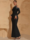 Elegant Women's Light Luxury Hot Diamond Bandage Dress O-neck Long Sleeve Hollow Design Bodycon Black Long Dresses Vestidos