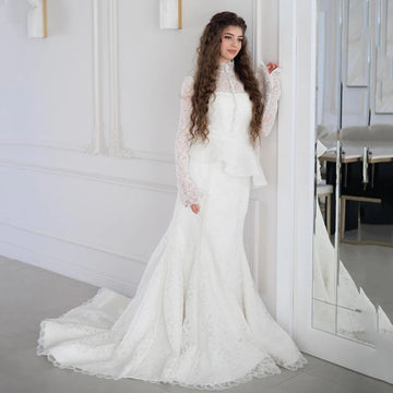 Elegant Mermaid Wedding Dresses High Neck Long Sleeves Appliques Bridal Dress Formal Wedding Ball Prom Gowns Customized