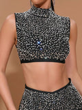 Sexy Women'S Light Luxury Hot Stamping Design Long Skirt Bandage Set O-Neck Sleeveless Ultra Short Top+Skirt Two-Piece Set