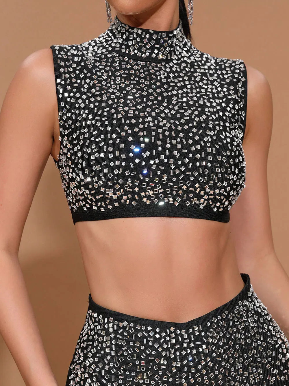 Sexy Women'S Light Luxury Hot Stamping Design Long Skirt Bandage Set O-Neck Sleeveless Ultra Short Top+Skirt Two-Piece Set