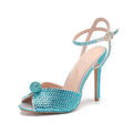Runway style Rhinestone Sequined Peep toe Women Gladiator Sandals Summer Elegant High heels Crystal Wedding Banquet Bridal Shoes Light blue