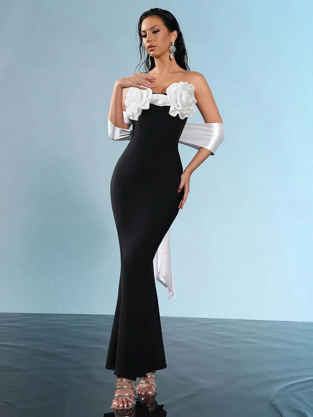 Sexy Women'S Three-Dimensional Flower Design Bandage Dress Strapless Shoulder Strap Sleeve Bodycon Backless Long Dresses