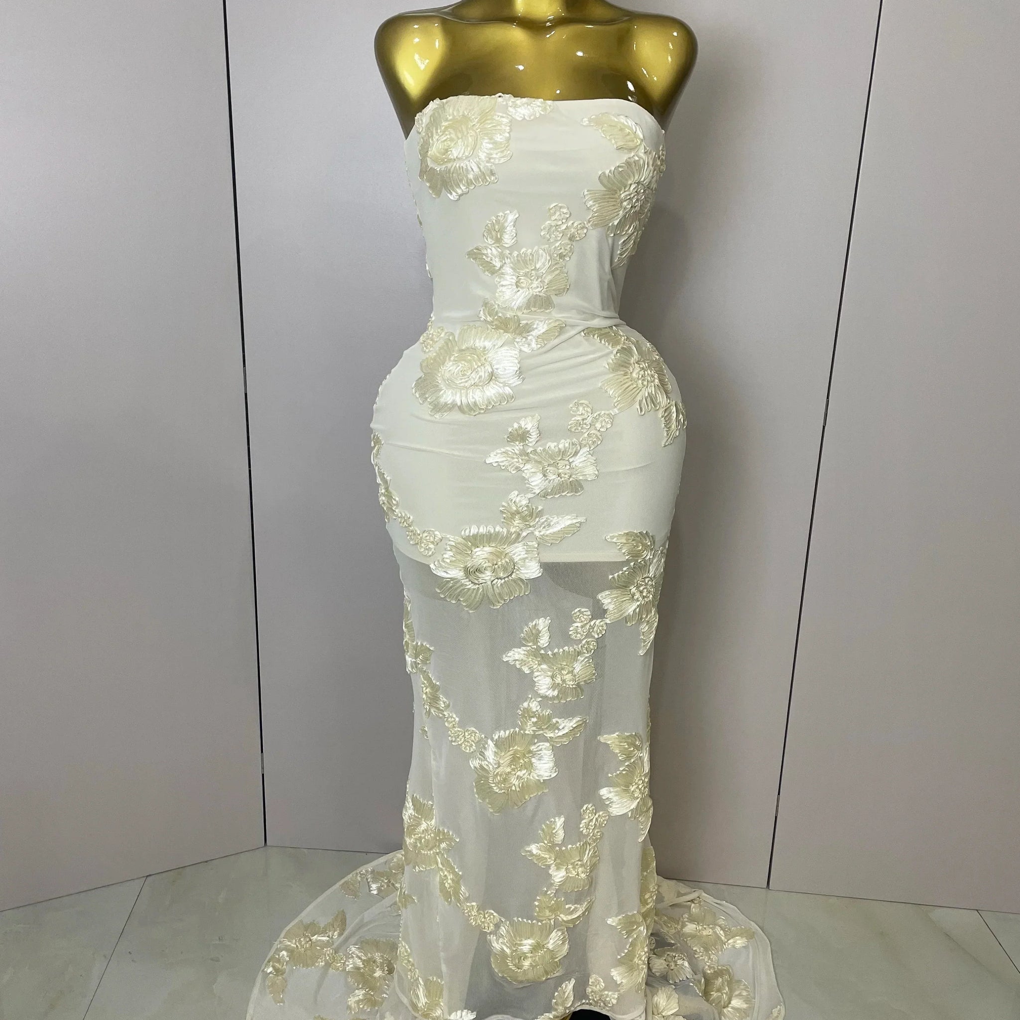 Top Quality Women Sexy Strapless Embroidery Floor-length Maxi Dress Celebrate Evening Party Prom Cocktail Outfit Lemon yellow