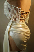 Summer Beading Tassel Sexy See Through STrapless Top And Mini Skirt 2 Pieces Woman Set Party Vestido Performances Costume