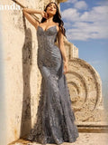 Grey Sequins فساتين السهرة Mermaid Prom Dress Luxury Lace Embroid Trumpet Vestidos De Noche Sexy فساتين مناسبة رسمية as pic