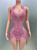 Women Sexy Halter Crystal Bodycon Mini Dress Celebrate Nightclub Party Performance Birthday Photo Shoot Dress Pink