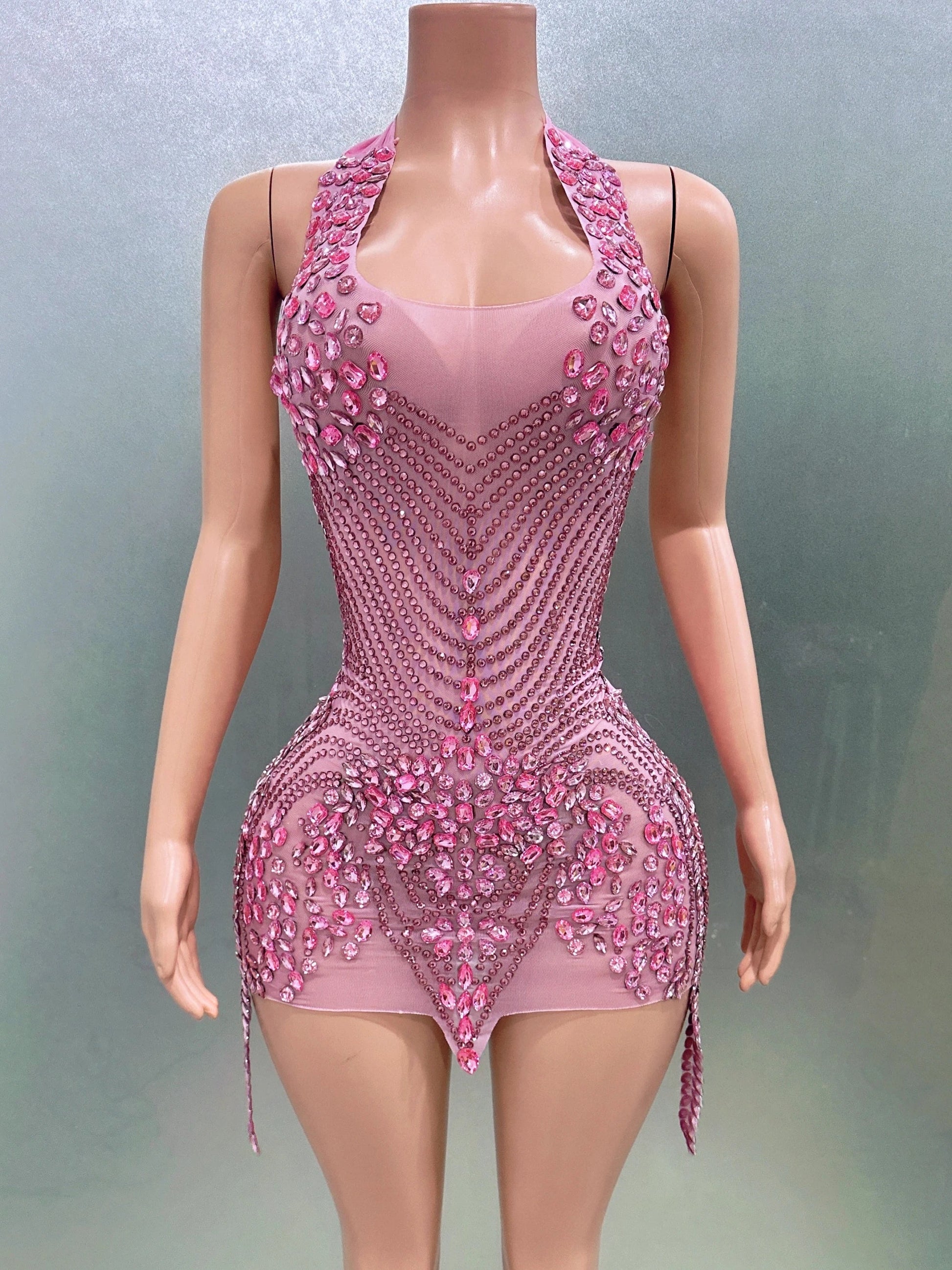 Women Sexy Halter Crystal Bodycon Mini Dress Celebrate Nightclub Party Performance Birthday Photo Shoot Dress Pink