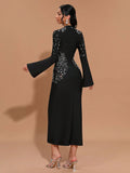 Elegant Women's Light Luxury Hot Diamond Bandage Dress with Stand up Collar and Trumpet Sleeve Bodycon Long Dress Vestidos