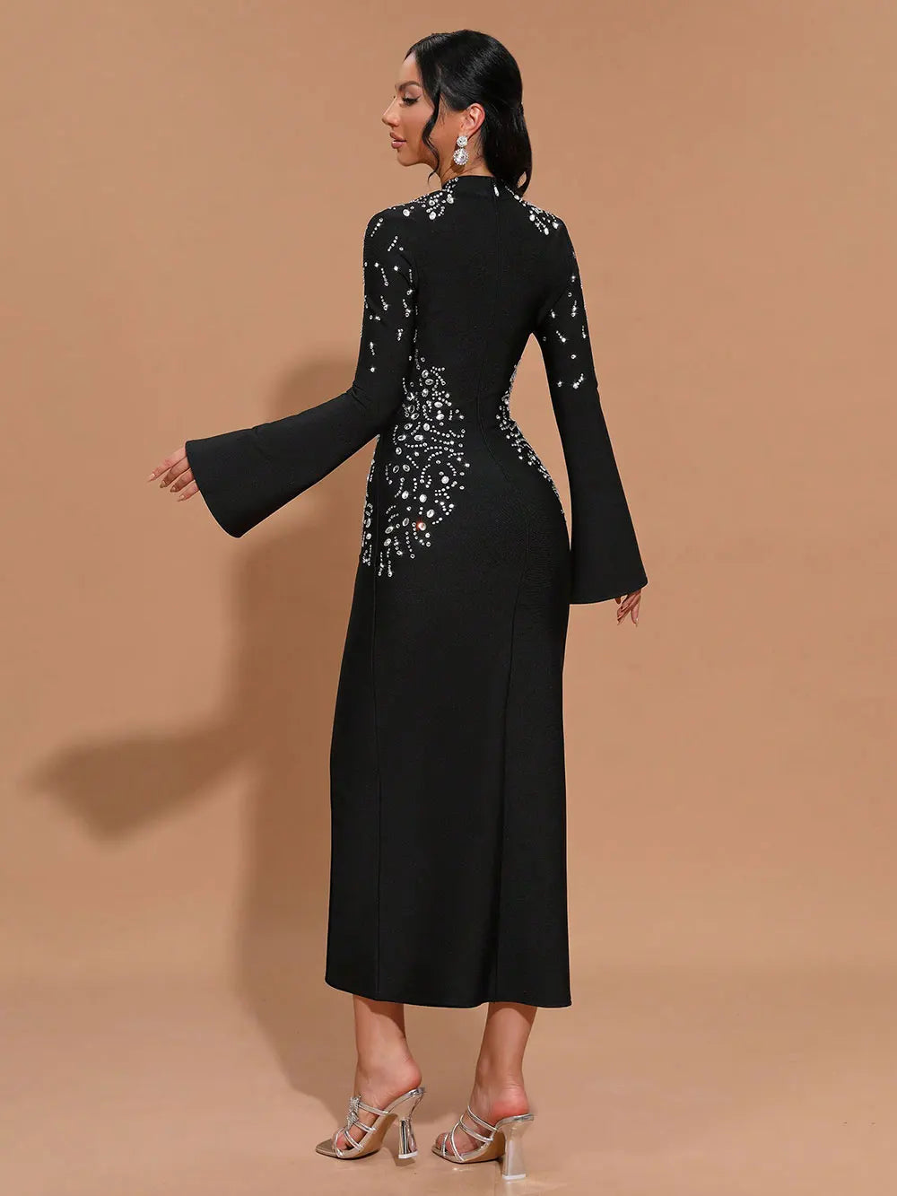 Elegant Women's Light Luxury Hot Diamond Bandage Dress with Stand up Collar and Trumpet Sleeve Bodycon Long Dress Vestidos