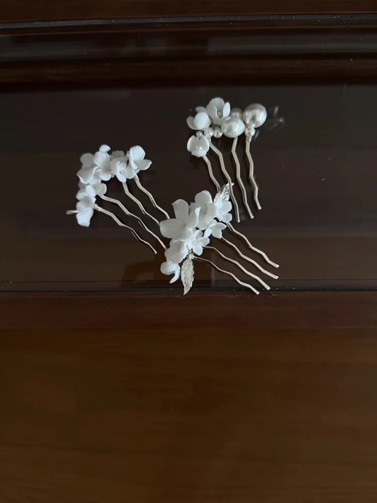 Bridal Jewelry Porcelain Flower Hair Comb Pin Pearl Hairpin For Brides Bridesmaids Silver Color Head Pieces Wedding Accessories