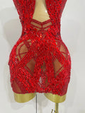 Shining Red Rhinestones Sexy Mesh See-Through Mini Dress Women Celebrate Evening Prom Birthday Party Dress Stage Shoot Wear