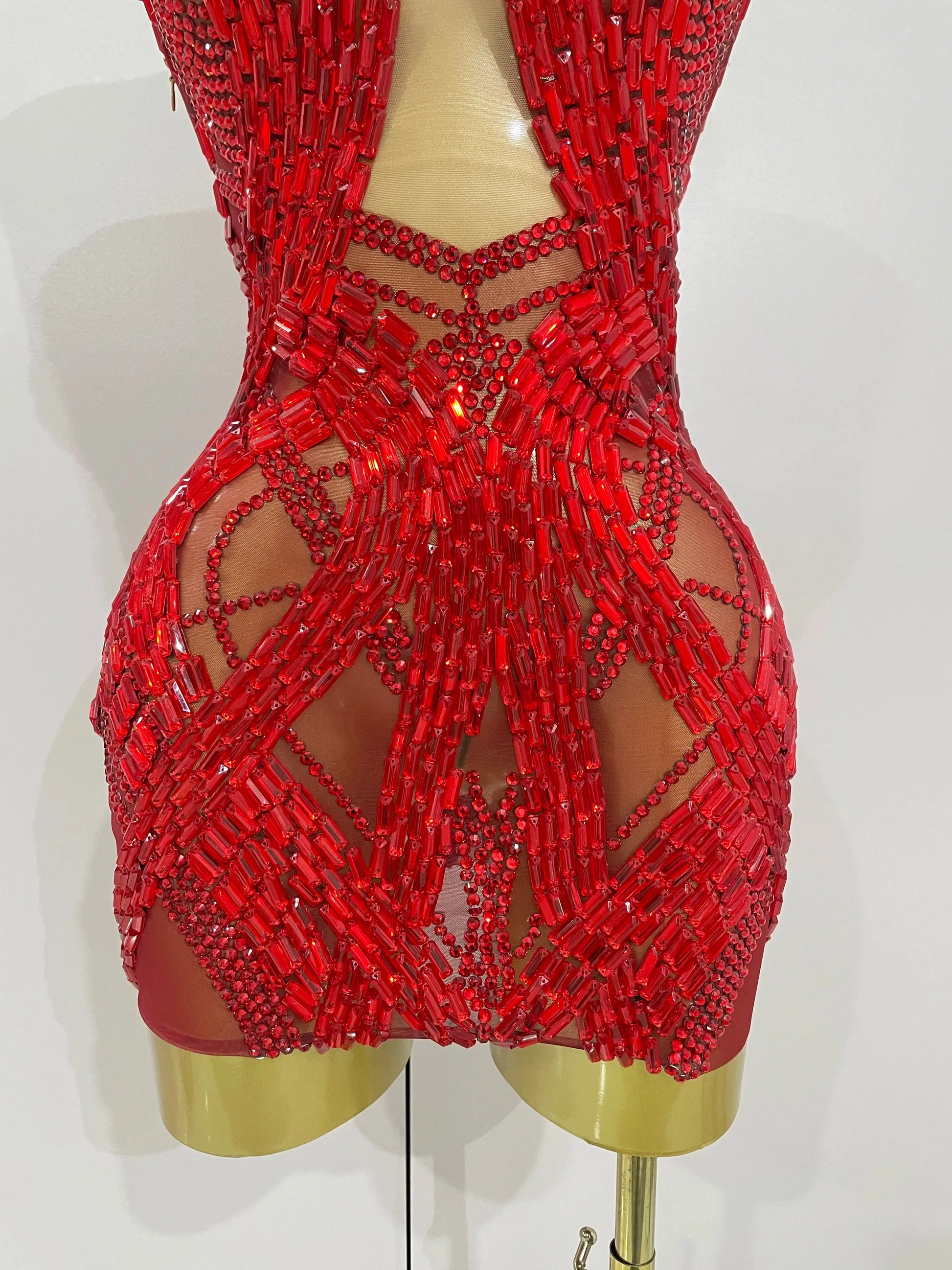 Shining Red Rhinestones Sexy Mesh See-Through Mini Dress Women Celebrate Evening Prom Birthday Party Dress Stage Shoot Wear