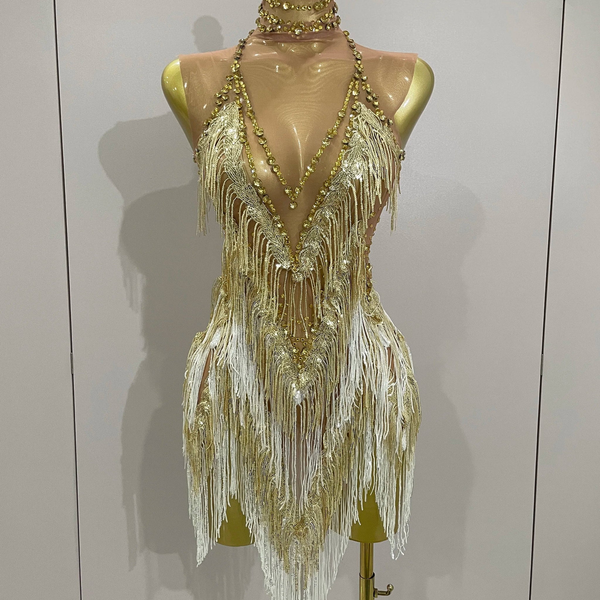 Women Sexy Stretch Mesh Sparkly Rhinestone Tassels Mini Dress Nightclub Singer Dance Stage Costume Evening Gowns Gold
