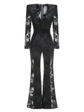 Sexy Women's Light Luxury Embroidered Hot Diamond Patchwork Design jumpsuit V-neck Long sleeved Evening Party Horn jumpsuit black