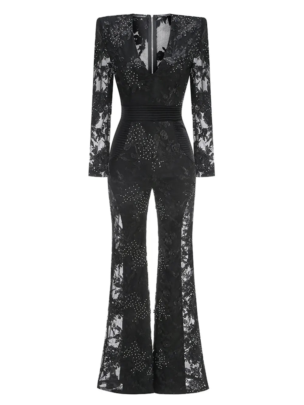Sexy Women's Light Luxury Embroidered Hot Diamond Patchwork Design jumpsuit V-neck Long sleeved Evening Party Horn jumpsuit black