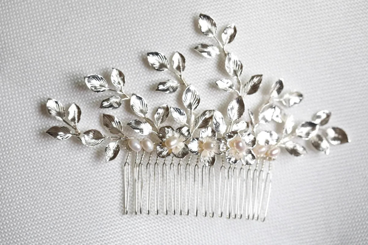 Silver Color Leaf Hair Comb Pin Clip Freshwater Pearl Hairpin For Brides Women Head Pieces Wedding Accessories Bridal Jewelry a