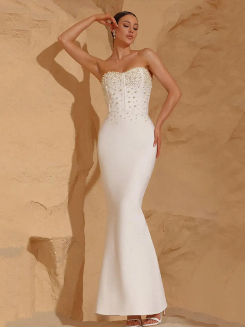Sexy Women'S Light Luxury Pearl Design Fish Tail Bandage Dress Strapless Sleeveless Bodycon Backless Long Dresses Vestidos WHITE