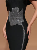 Elegant Women Light Luxury Hot Diamond Flower Design Bandage Dress O-Neck Shoulder Bodycon Long Dress Evening Party Vestido