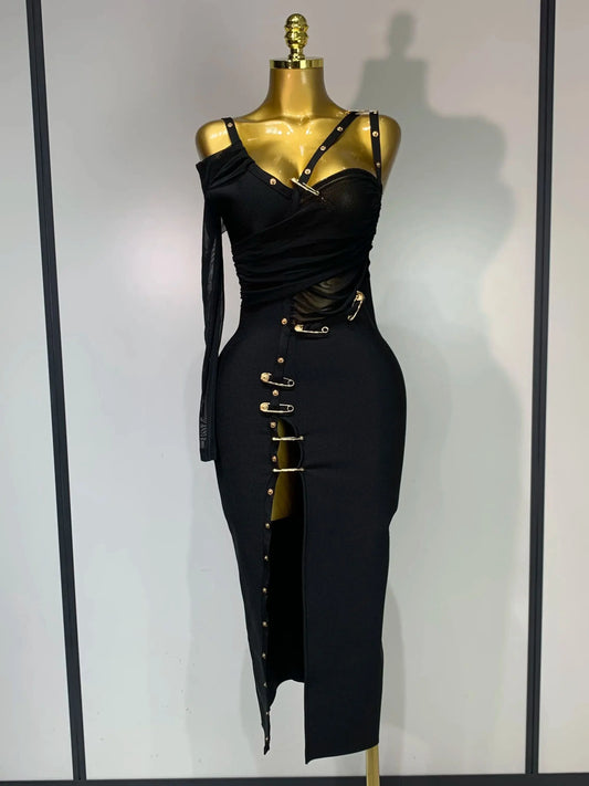High Quality One Shoulder Long Sleeve Bodycon Bandage Dress Cocktail Evening Party Luxury Birthday Dress Celebrity Prom Gown black