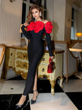 Winter Women Long Sleeve Red Florals Bodycon Long Bandage Dress Celebrate Evening Party Birthday Fashion Dress