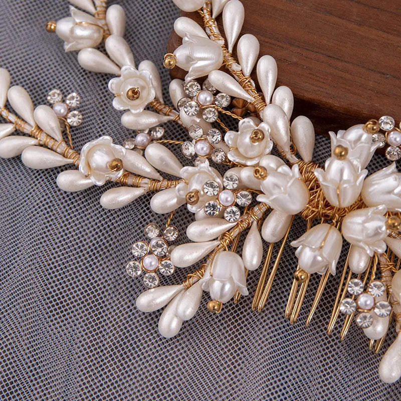 Wedding Accessories Gold Color Hair Comb Pin Flower Head Pieces For Brides Crystal Evening Party Dress Headdress Bridal Jewelry