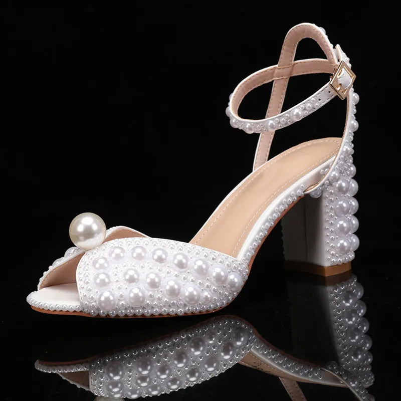 Summer Luxury Pearl Peep toe Thick Heeled Women Gladiator Sandals Fashion Beaded High heels Wedding Banquet Prom Shoes Sandalias White