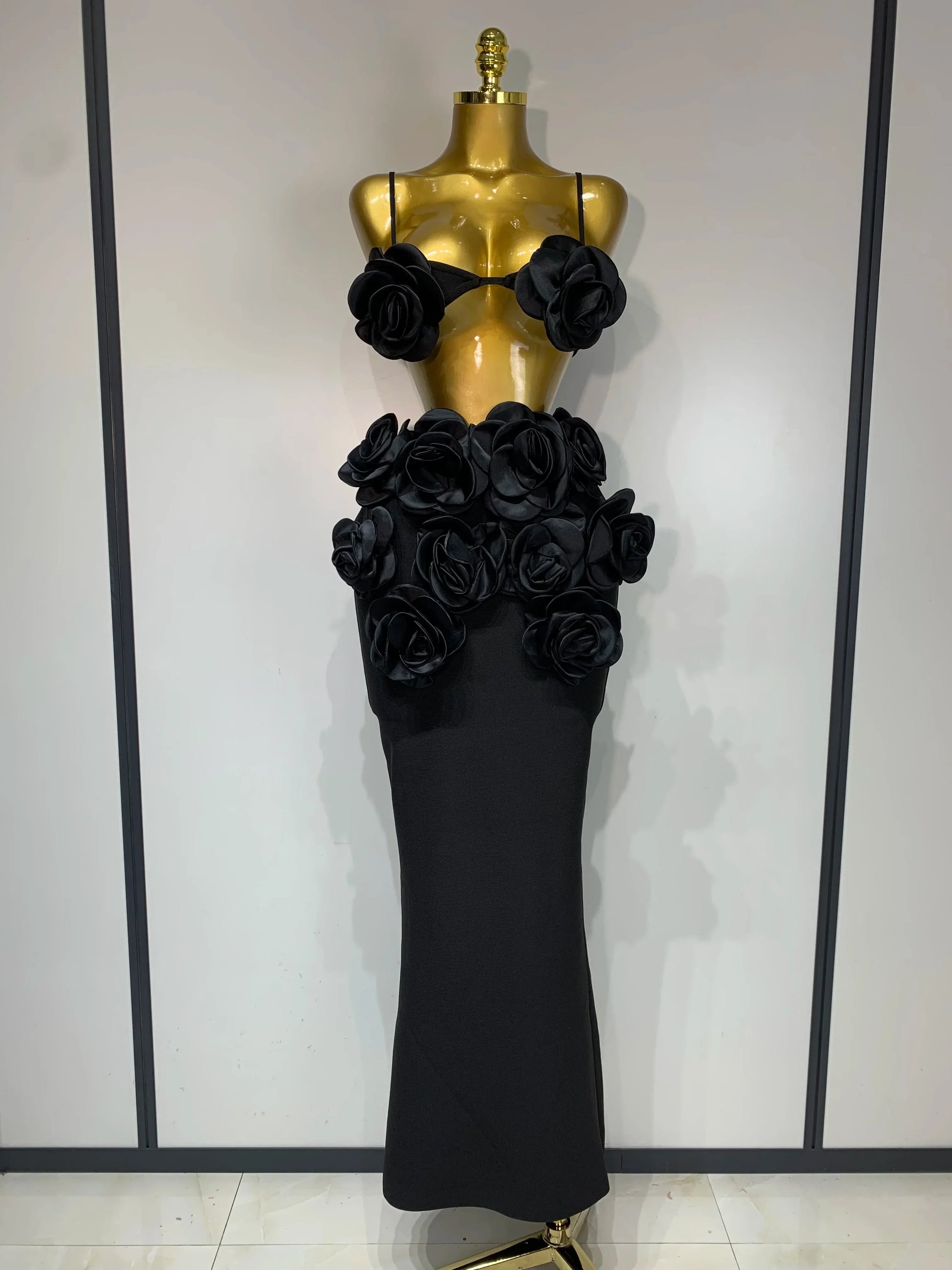 Women Sexy Camisole Floral Bandage Long Skirts Two Piece Set Celebrity Elegant Party Cocktail Prom Gown Nightclub Outfit black
