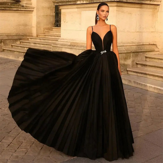 Elegant Black A-Line Satin Prom Dress Spaghetti Strap Sleeveless Floor Length Sheath Evening Dress vestido de gala Black