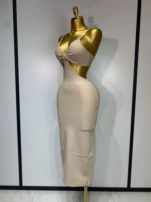Women Sexy V Neck Backless Khaki Bodycon Bandage Dress Celebrity Elegant Evening Club Party Luxury Birthday Dress