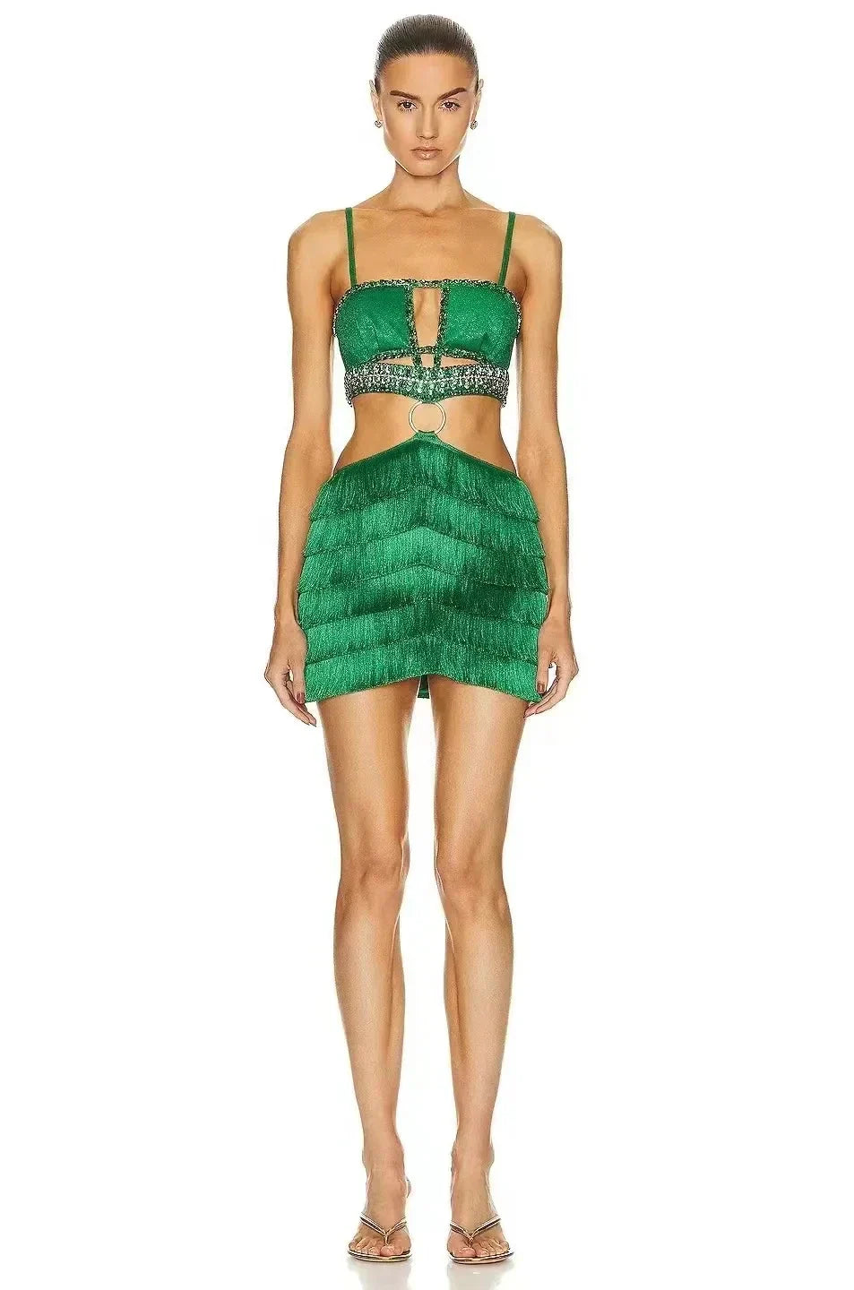 Stylish Tassel Sexy Hollow Out Spaghetti Strap Mini EvenDress Summer Holiday Vocation Vestido Music festival Outfit