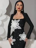 Women's Light Luxury 3D Flower Design Bandage Dress Square Neck Long Sleeve Bodycon Flute Dress Evening Club Party Vestidos