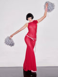 Red Color Women Sleeveless Sexy Mesh See Thorugh Bodycon Long Dress Celebrate Nightclub Party Birthday Outfit Vestido