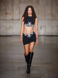 Women Summer Celebrity Sexy Crytal Black Mini Bandage Skirt Suit Knitted Elegant Evening Club Party Two Pieces Set