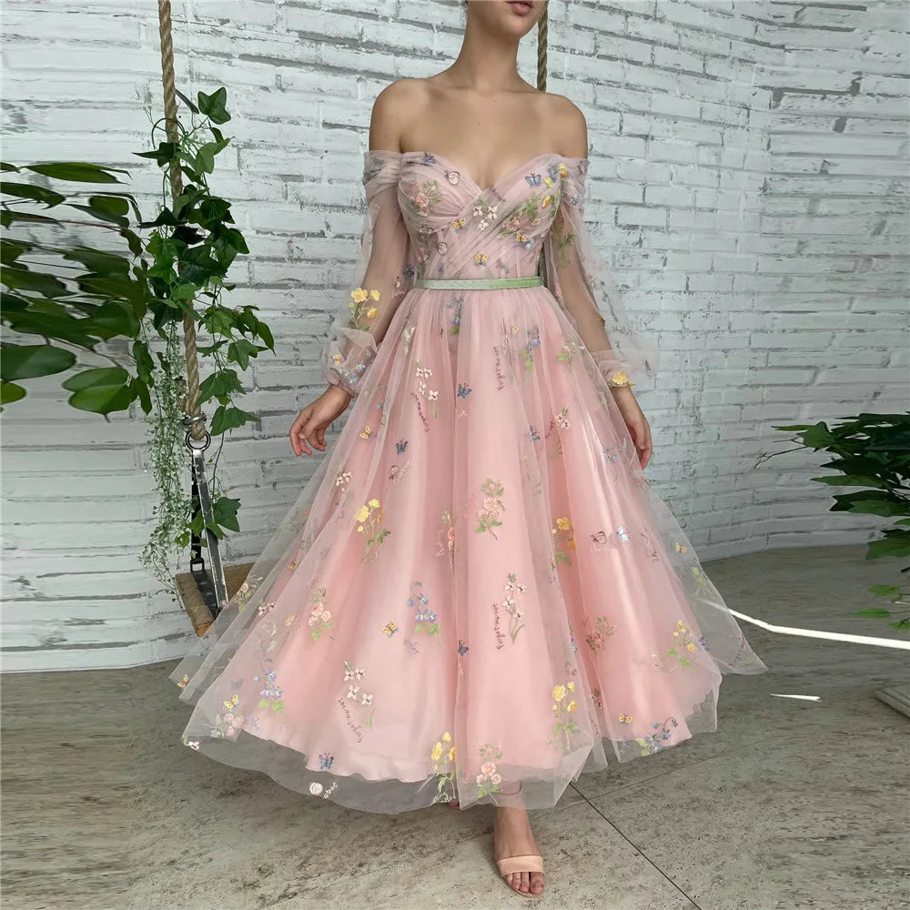 Fairy Ivory Chiffon Prom Dress A-Line Sweetheart Off The Shoulder Ankle Length High Slit Evening Dress robes de soirée Pink