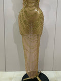Luxury Sparkly Gold Rhinestone Sexy Transparent Mesh Long Dress Women Birthday Party Gown Stage Singer Performance Costume