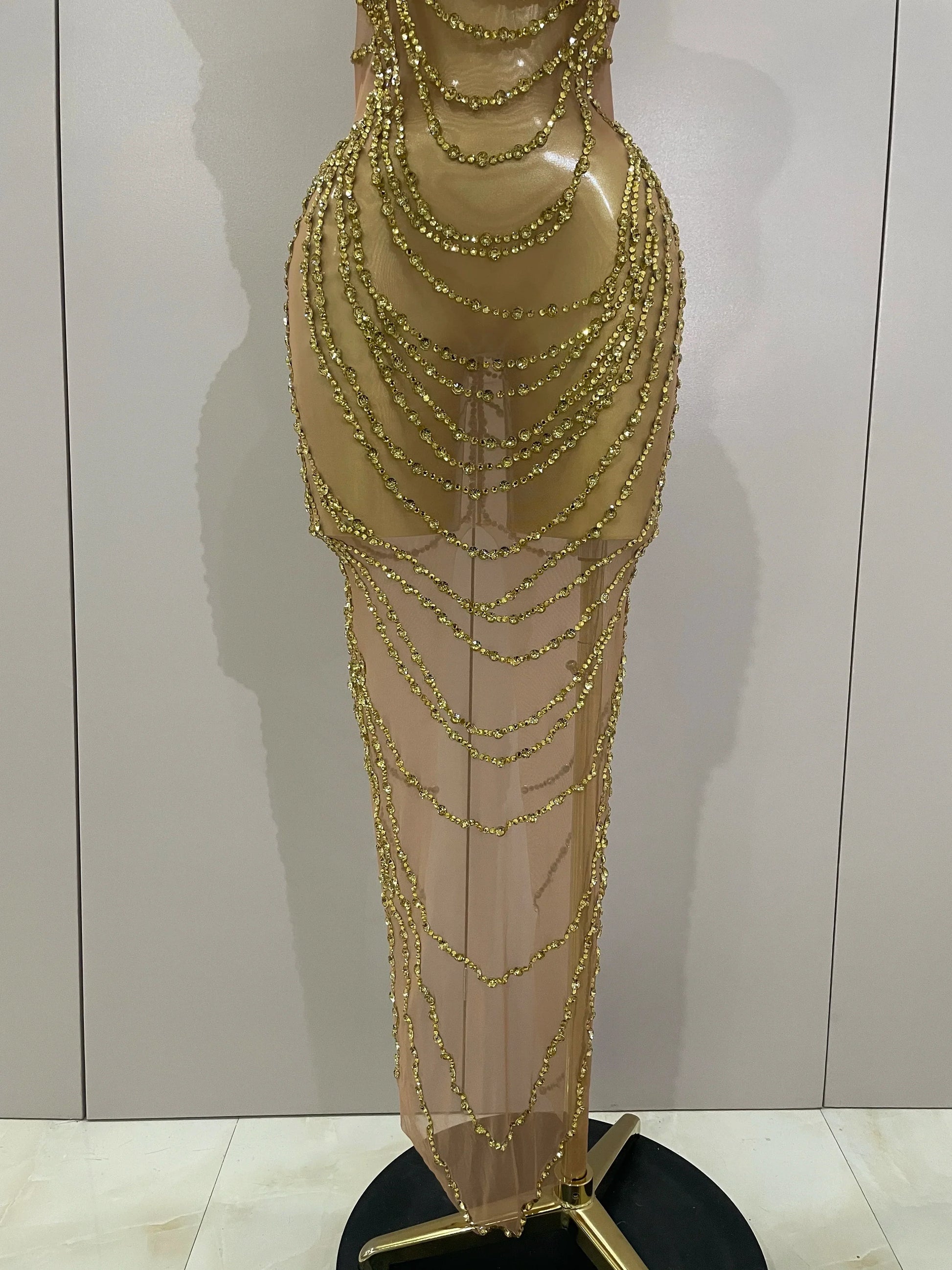 Luxury Sparkly Gold Rhinestone Sexy Transparent Mesh Long Dress Women Birthday Party Gown Stage Singer Performance Costume