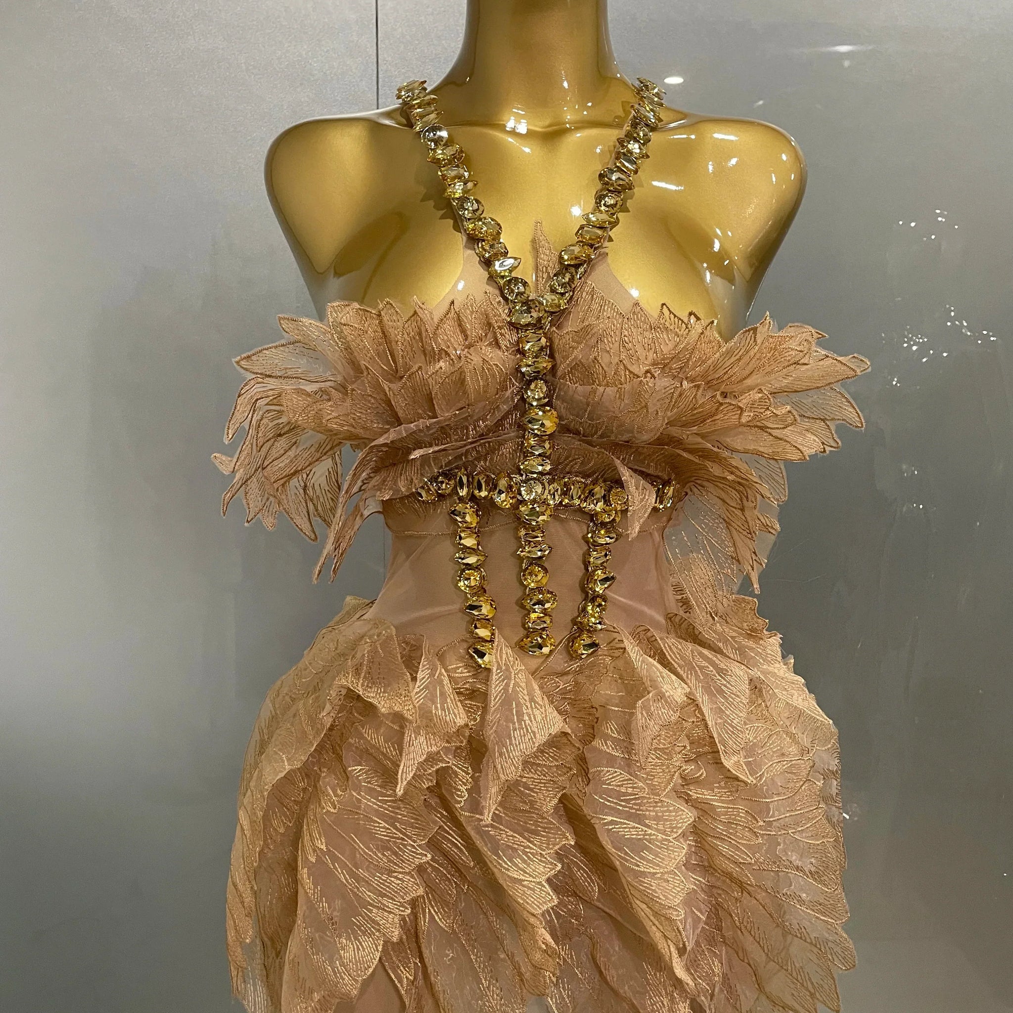 Sexy Shining Gold Crystal Transparent Wings Mini Dress Women Birthday Party Bar Nightclub Singer Stage Performance Costume Gold
