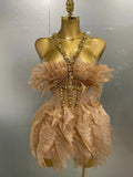 Sexy Shining Gold Crystal Transparent Wings Mini Dress Women Birthday Party Bar Nightclub Singer Stage Performance Costume Gold