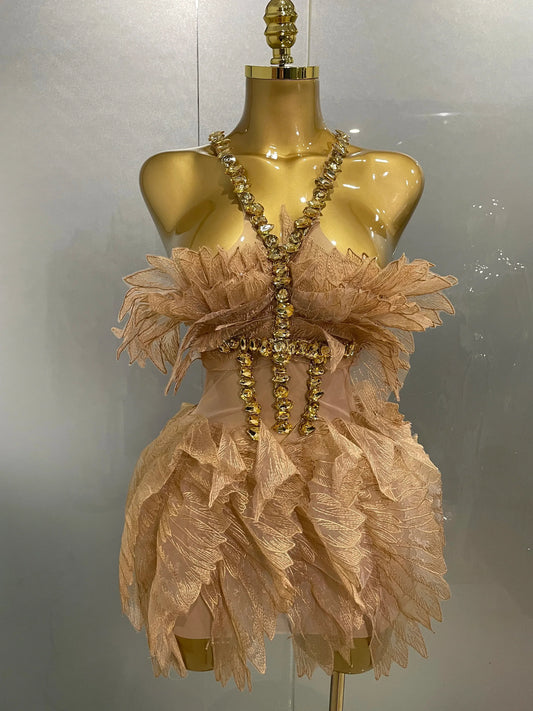 Sexy Shining Gold Crystal Transparent Wings Mini Dress Women Birthday Party Bar Nightclub Singer Stage Performance Costume Gold