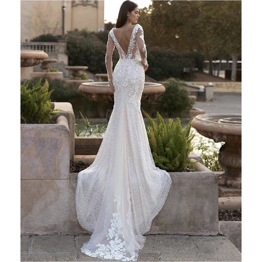Luxus-Spitzen-Applikationen Pailletten Meerjungfrau Hochzeitskleid V-Ausschnitt Langarm Backles Sweep Zug Braut Kleid Vestidos de Noiva