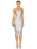 Foil Silver Color Women Sleeveless Sexy Strap Square Collar Bodycon Midi Bandage Dress Celebrate Nightclub Party Dress Vestido Silver